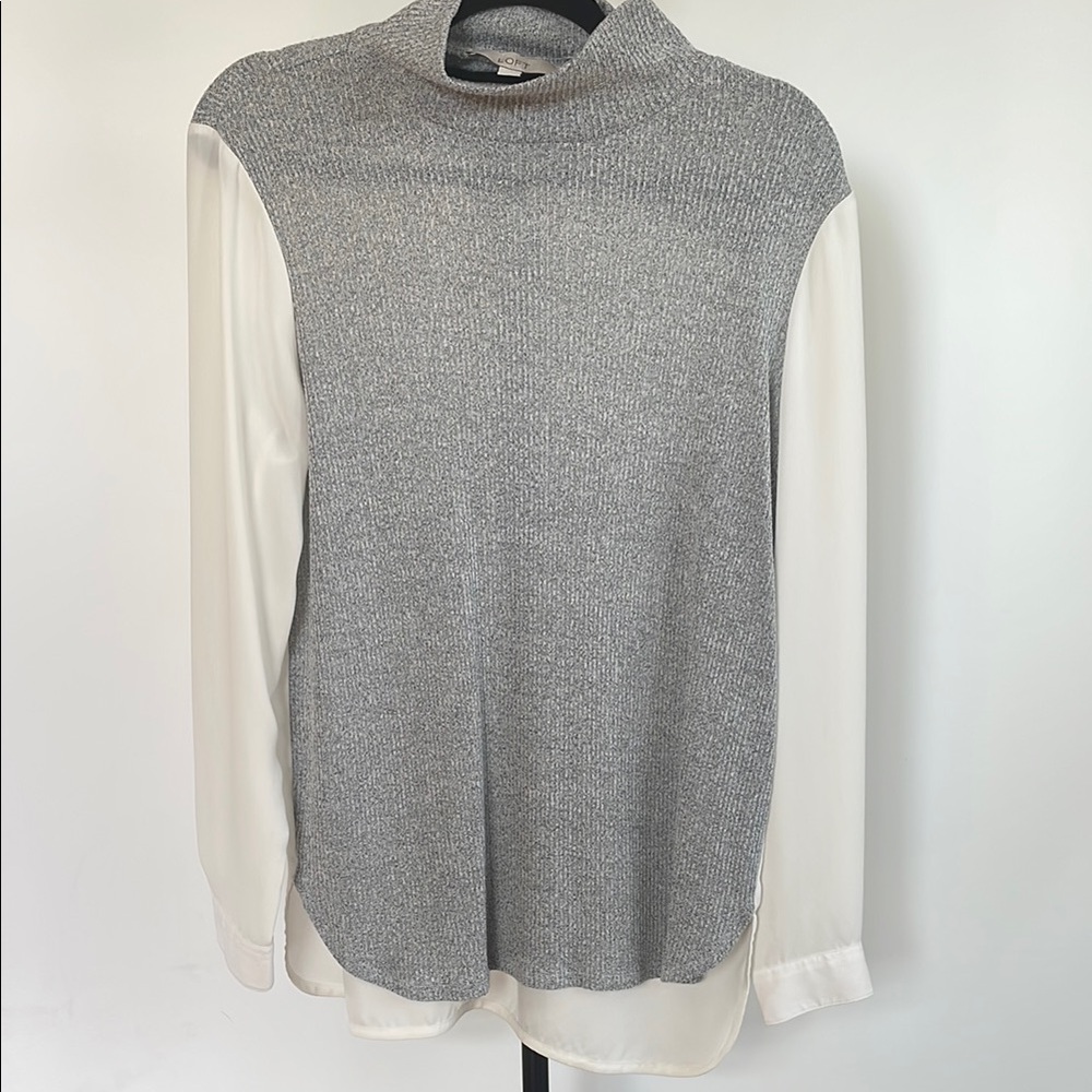 LOFT Gray and White Mixed Media Blouse